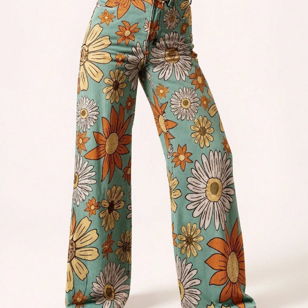 Green Casual Women's Floral High Waist Jeans - Picture 5 of 5